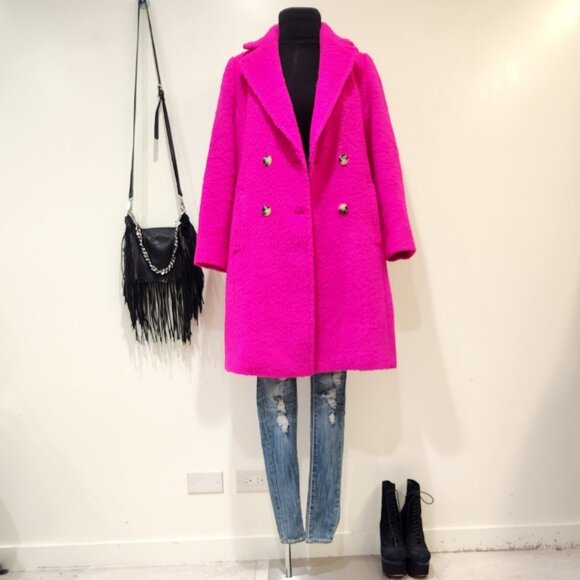 💥UBER GORGE!💥Tailored Double-Breasted Brushed Wool Blend Coat in Fuchsia Pink - Picture 4 of 15